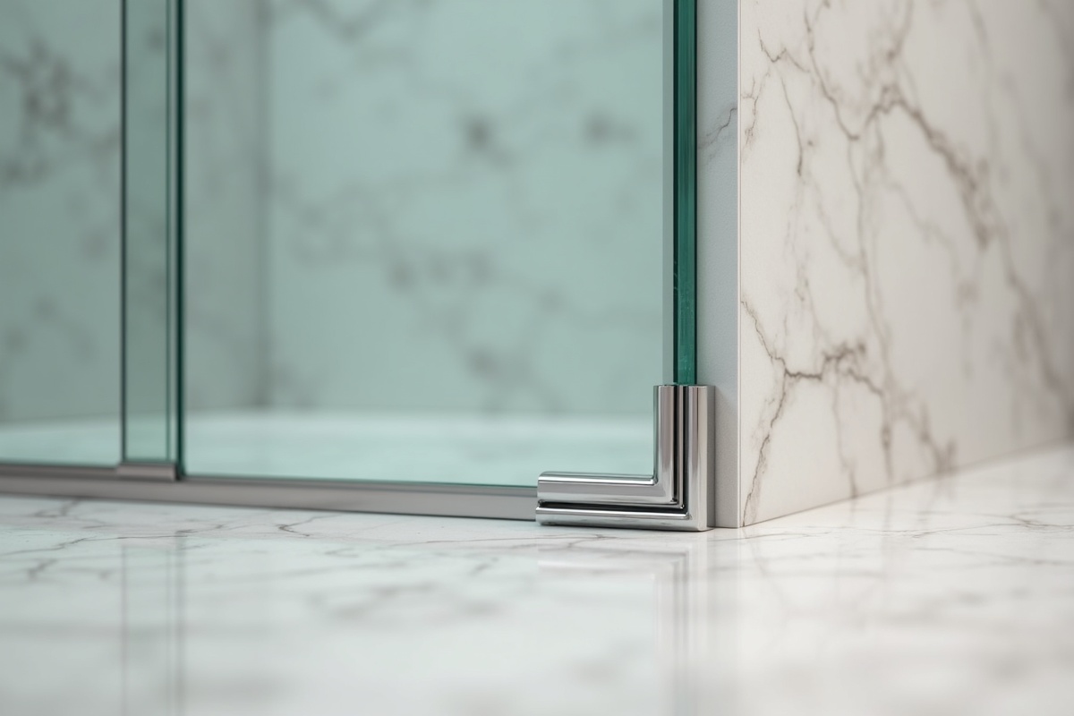 Premium frameless shower installation showing the combination of floor U-channel on fixed panels and clamp hardware at the wall junction creating a clean minimal hardware aesthetic