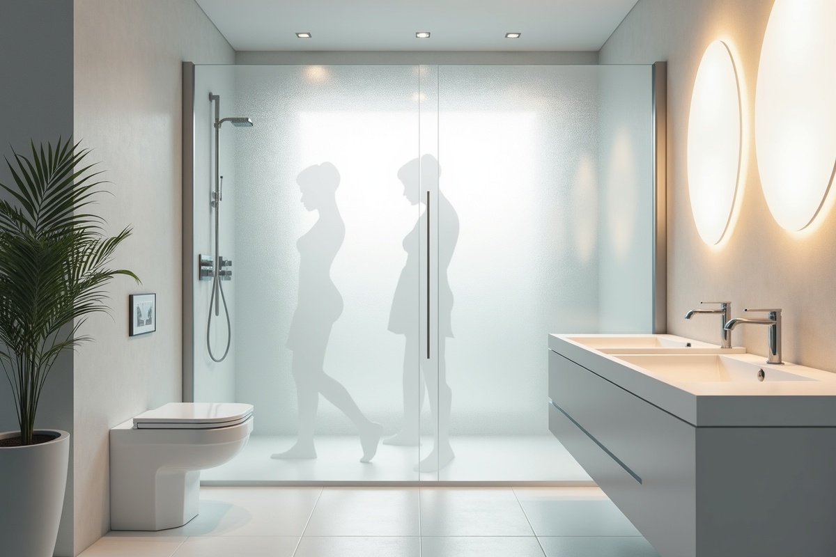 Frosted glass shower panel in a modern bathroom showing how the textured surface obscures silhouettes while allowing natural light to flow through the enclosure