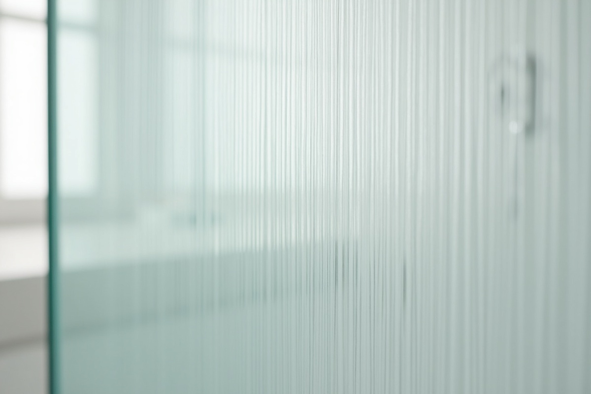 Reeded or fluted glass shower panel showing the vertical channel texture that provides privacy and visual interest as an alternative to standard clear or frosted glass options