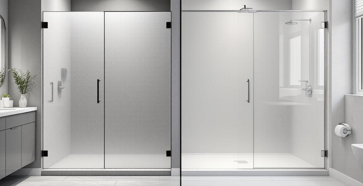 Side-by-side bathroom showing a clear glass frameless shower door on the left and a frosted glass panel on the right illustrating light transmission and privacy differences