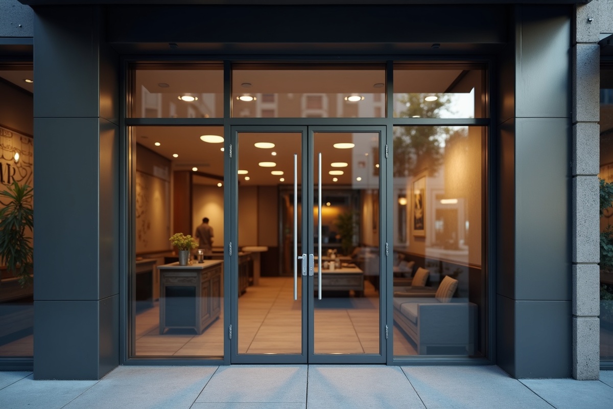 Commercial aluminum storefront glass door with tempered glass and crash bar hardware on a downtown Dallas business entrance