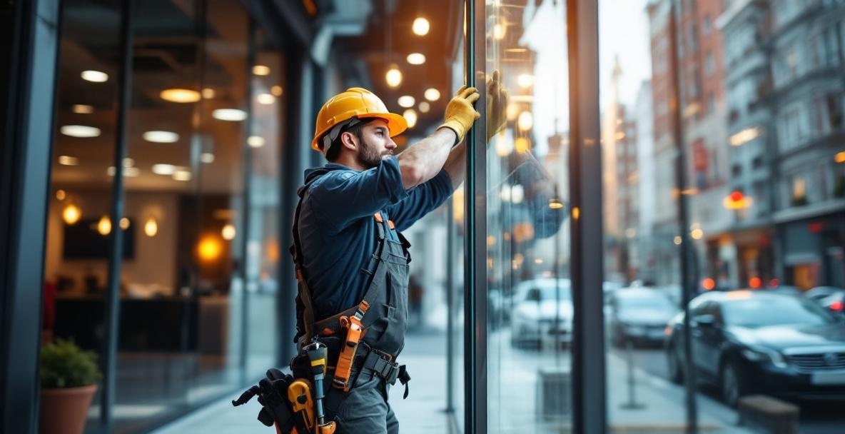 Professional commercial glass storefront door with aluminum frame at the entrance of a DFW retail business