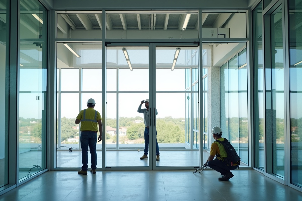Commercial glazing installation in progress on a DFW office building showing workers installing large glass panels in aluminum curtain wall system