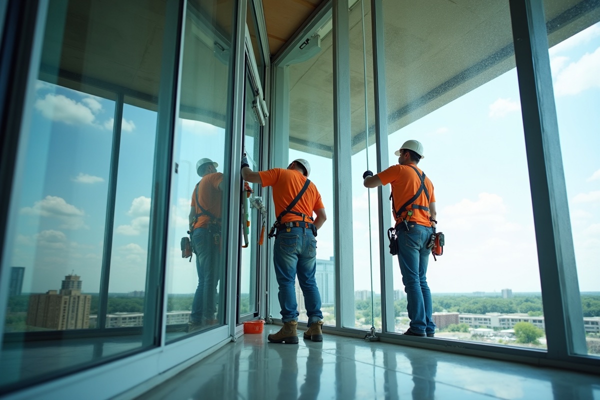 Commercial glazing crew installing glass curtain wall panels on a Texas office building with proper safety equipment and professional rigging