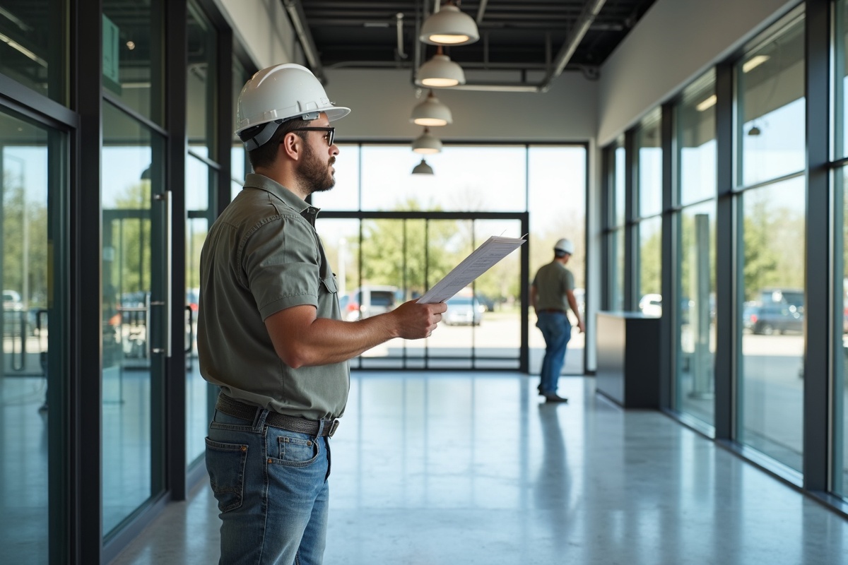 Commercial glazing contractor completing storefront glass installation at a DFW retail center reviewing shop drawings and checking installation quality