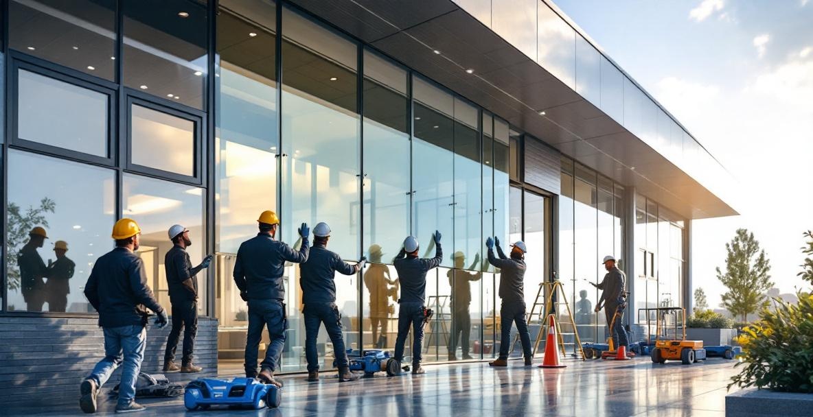 Commercial glazing contractor installing large glass panels on a Texas office building with specialized lifting equipment and safety equipment