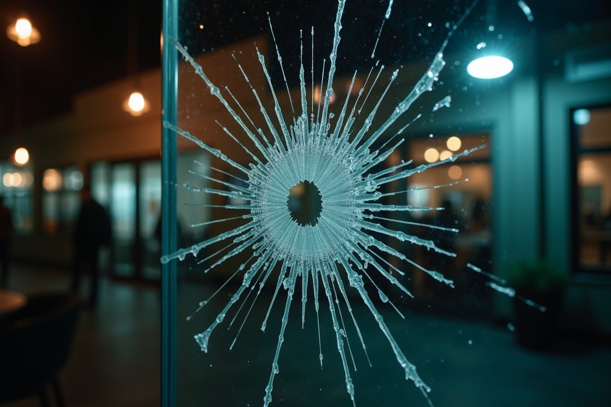 Close-up of broken storefront glass showing a cracked and shattered pane illustrating the type of emergency commercial glass repair DFW businesses face