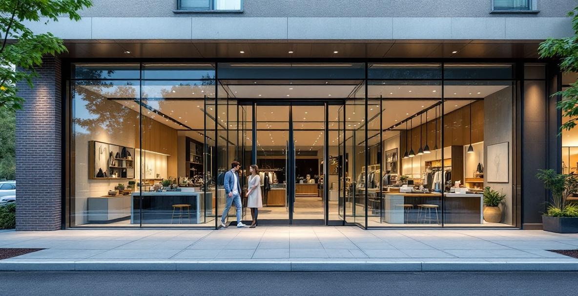Commercial storefront with large glass window facing sidewalk in urban setting representing DFW commercial storefront glass repair and replacement work