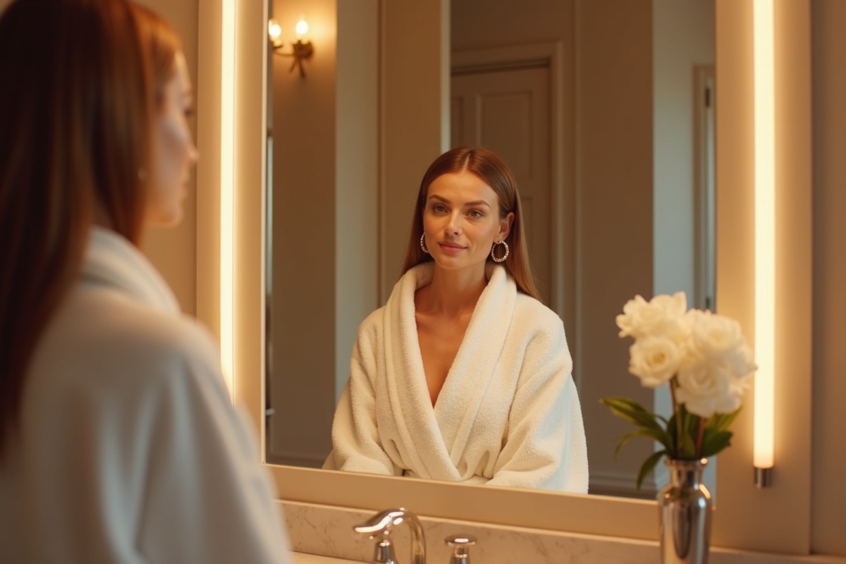 Elegant framed vanity mirror in a luxury DFW bathroom reflecting warm overhead lighting and a woman in a white bathrobe