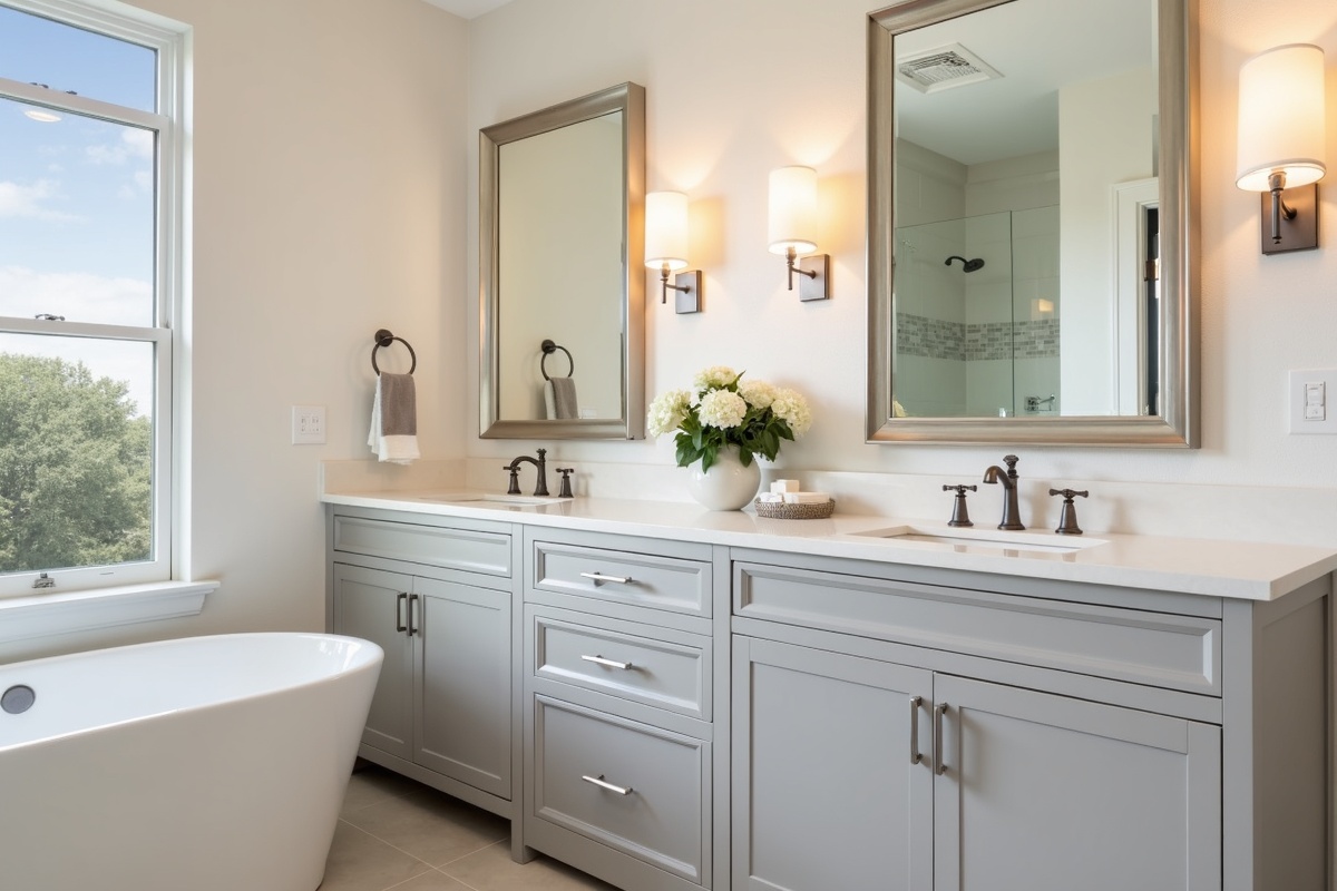 Contemporary framed bathroom mirror above a double vanity in a Plano TX remodel showing the frame finish matching drawer pulls
