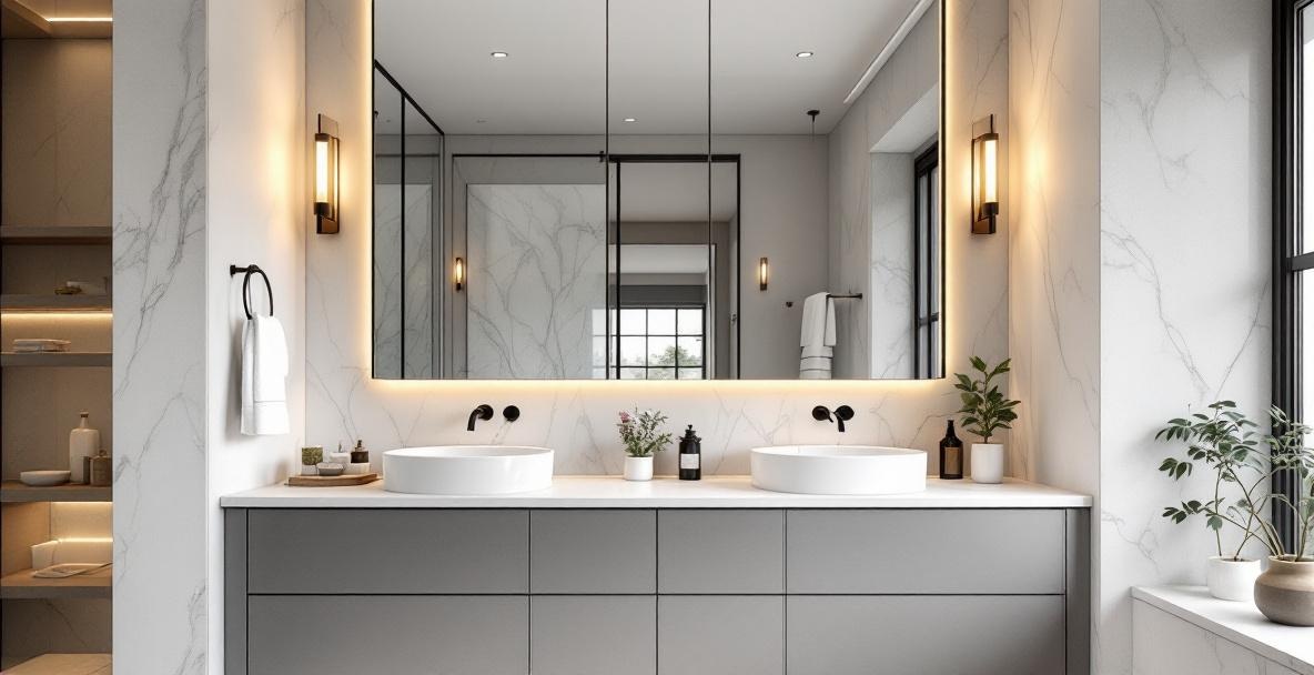Custom wood-framed bathroom mirror installed above a wooden vanity with stone sink in a transitional-style DFW home