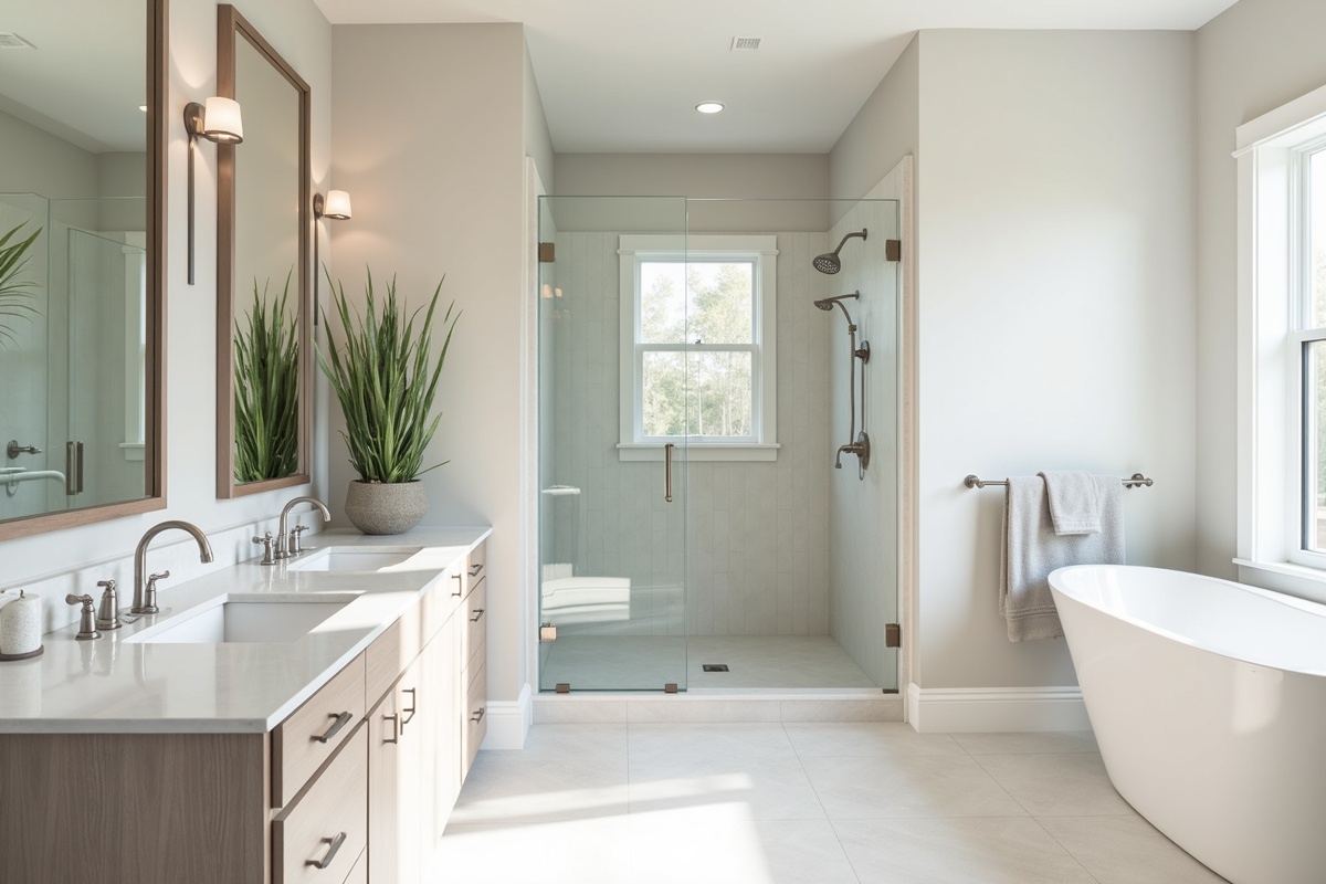 Spacious bathroom with large custom frameless shower enclosure and corner configuration showing design planning in a DFW home