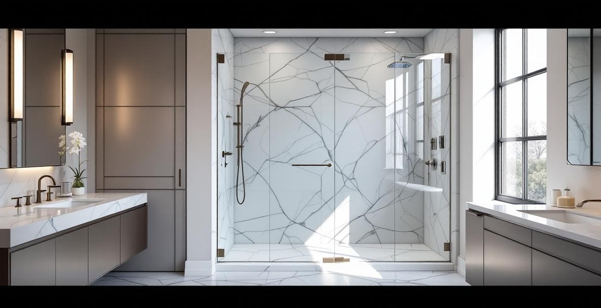 Custom frameless glass shower enclosure with corner configuration and brushed nickel hardware in a DFW home bathroom