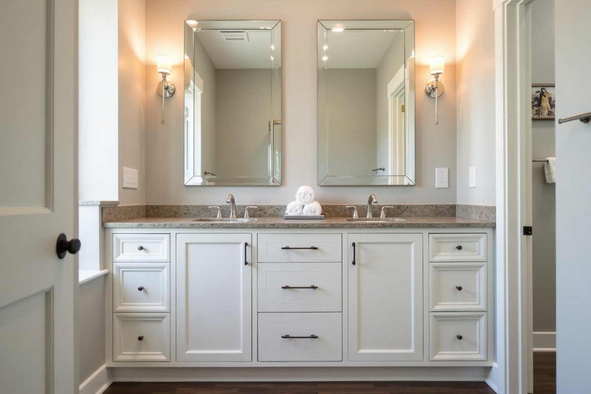 Custom bathroom mirror with beveled edge installed above a double vanity in a Bedford TX home showing precise fit to the wall space above the sink