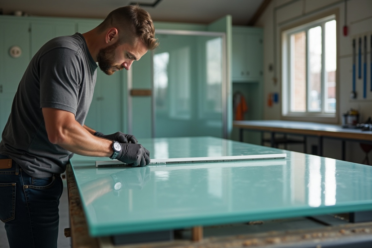 Glass shop fabrication table showing custom glass being cut and measured for a Bedford TX residential shower enclosure project
