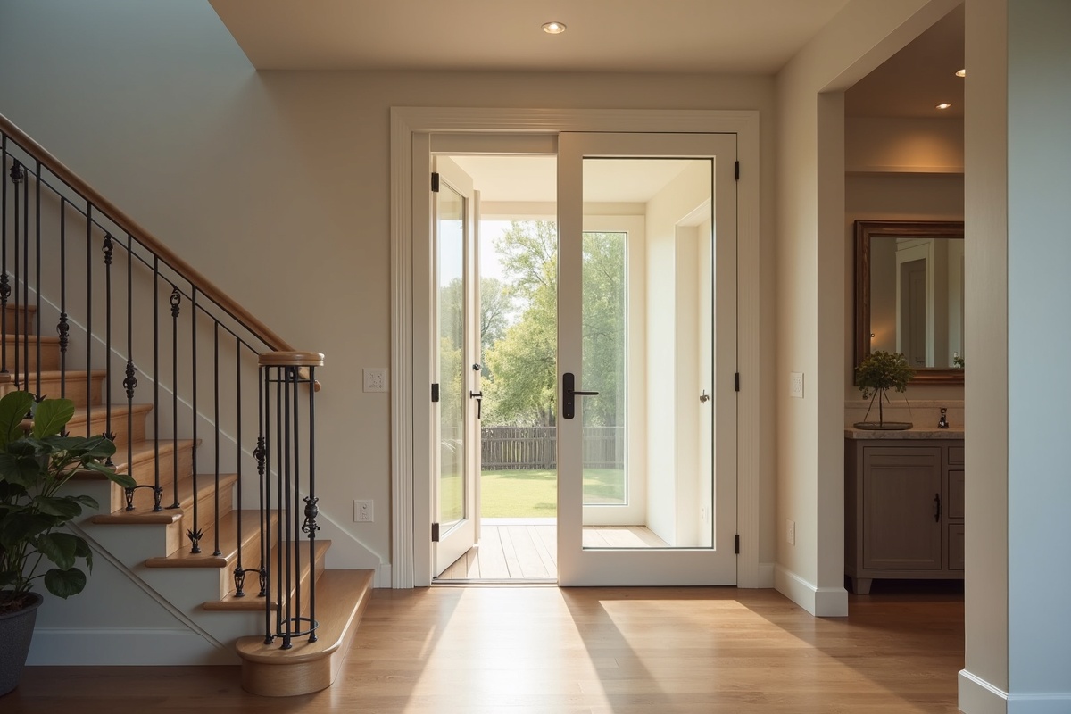Glass-panel door integrated into a DFW home interior showing how glass inserts deliver daylight between a staircase and adjacent room