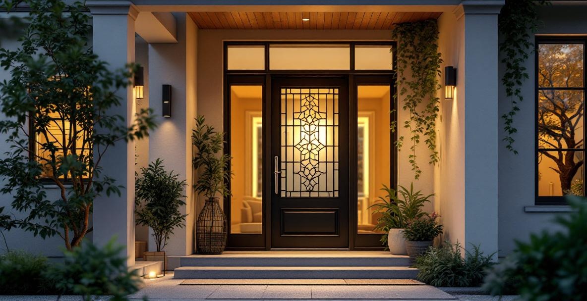 Contemporary DFW hallway featuring interior doors with custom glass inserts that allow natural light to flow between rooms while preserving privacy