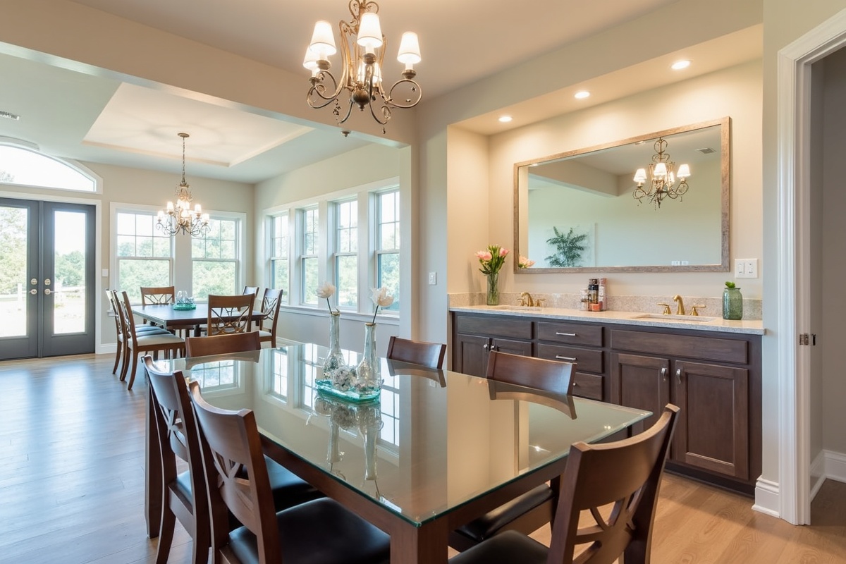Custom glass tabletop protecting a wood dining table and custom bathroom mirror installed above a wide vanity in a Lewisville TX home showing multiple glass applications