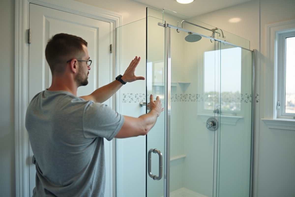 Glass installation professional taking precise field measurements in a Lewisville TX bathroom before custom shower enclosure fabrication
