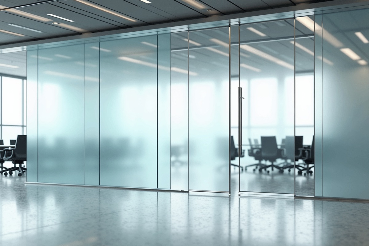 Modern office with floor-to-ceiling glass partition walls and glass door showing commercial glazing installation in a Dallas office building