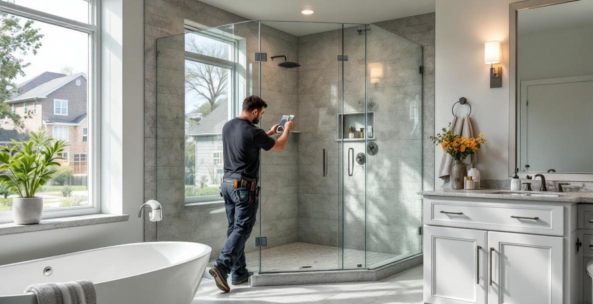 Glass fabrication shop showing custom cut glass panels in multiple sizes and thicknesses for shower enclosures, mirrors, and commercial installations