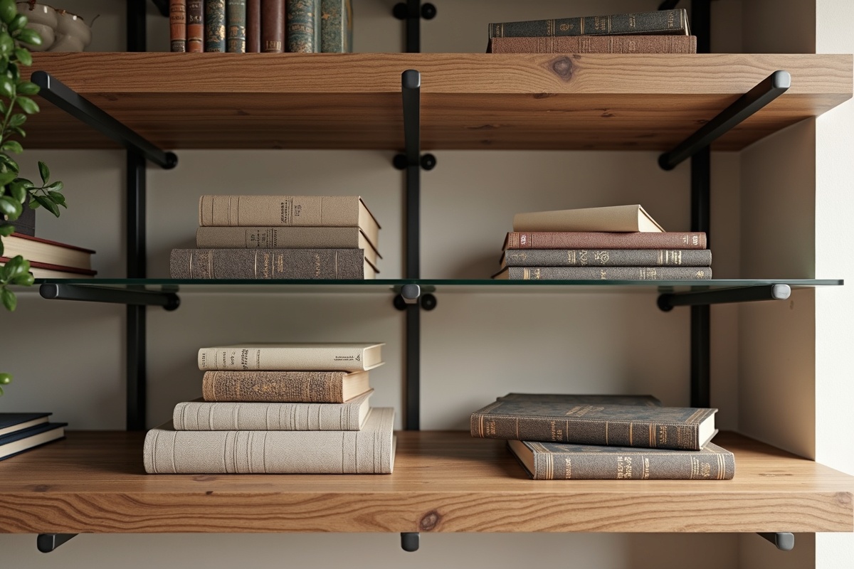 Books arranged on a brown wooden shelf showing the typical loading pattern that glass shelves handle when installed with proper bracket spacing in DFW homes