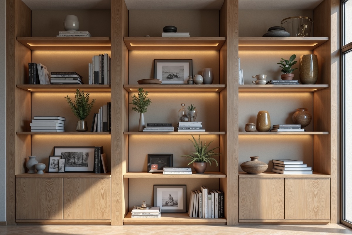 Books displayed on a bookshelf with decorative items illustrating how layered display shelving uses consistent spacing and object curation - a pattern that works on glass shelves in DFW living rooms
