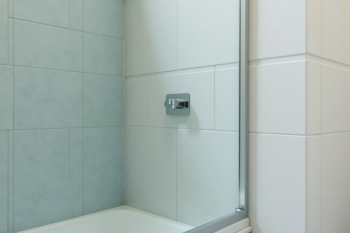 Close-up of a frameless glass shower panel with clean polished edges mounted in a tiled bathroom