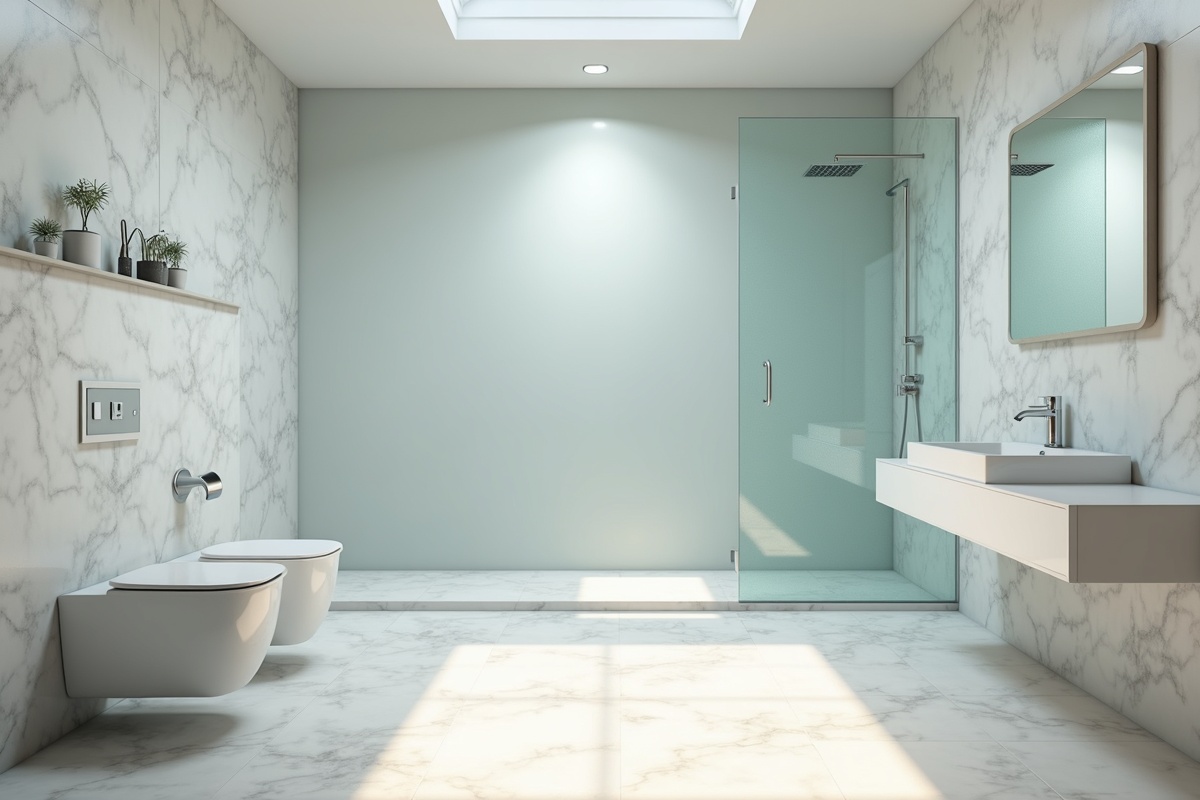 Modern bathroom interior with clear glass shower partition showing the transparency and light transmission of quality glass
