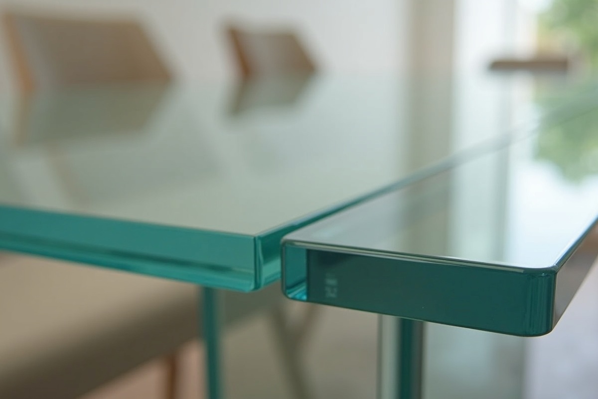 Custom glass tabletop edge profiles comparison showing flat polish and beveled edge on dining table glass in Dallas TX