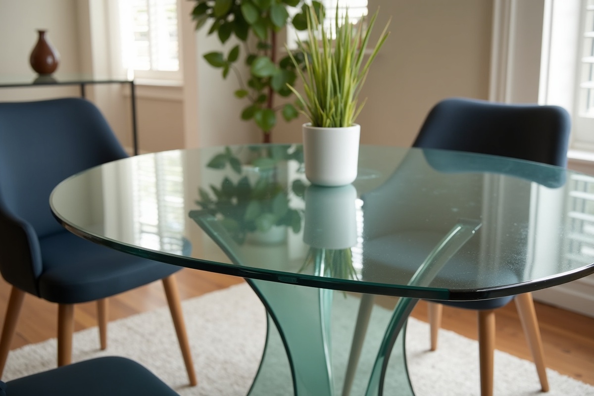 Round custom glass tabletop on a pedestal base in a Dallas dining room showing polished pencil edge and clear tempered glass