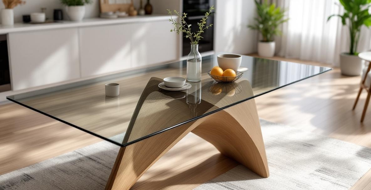 Custom glass tabletop on a wooden dining table in a Dallas home showing clear tempered glass with polished beveled edge