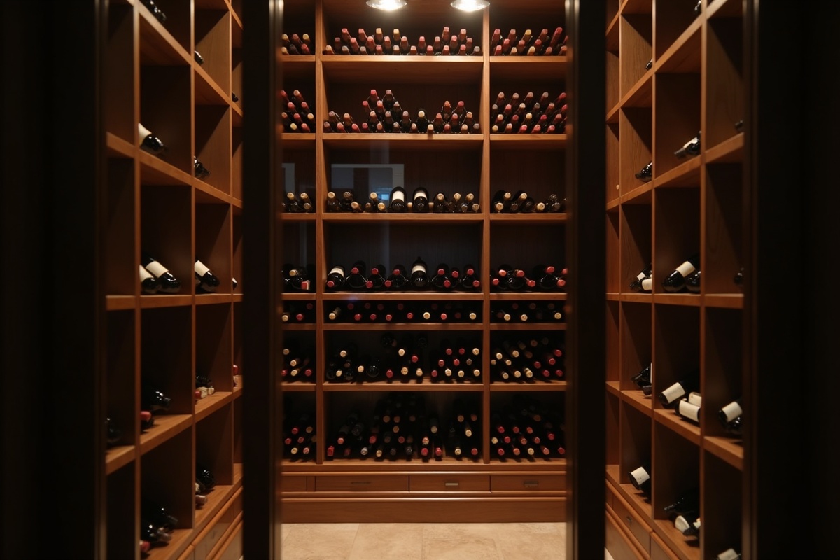Rows of wine bottles organized on shelving behind a glass wine cellar door in a home wine storage room with wood cabinetry and controlled climate conditions