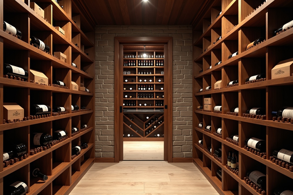 Wine cellar interior with wood shelves holding rows of wine bottles and boxes against a brick wall showing cellar racking system behind a custom glass cellar door