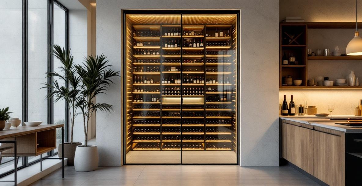 Luxury wine cellar interior with stacked oak barrels and stone walls showing the kind of climate-controlled environment behind a custom glass wine cellar door in a DFW luxury home