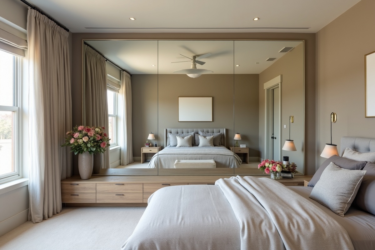Custom oversized mirror fabricated and installed in a Texas master bedroom showing full-wall coverage from a DFW glass fabricator