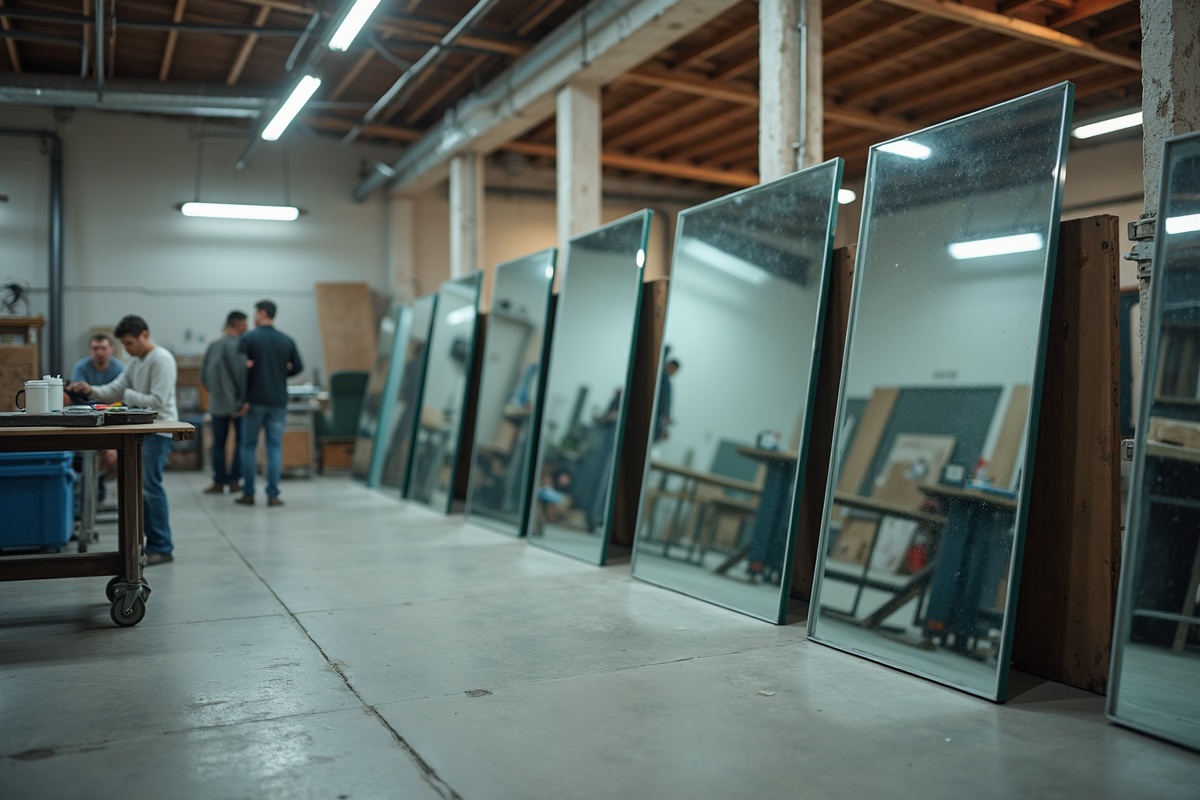 Custom mirror order consultation at a glass fabrication shop in Texas showing large mirror panels ready for edge finishing