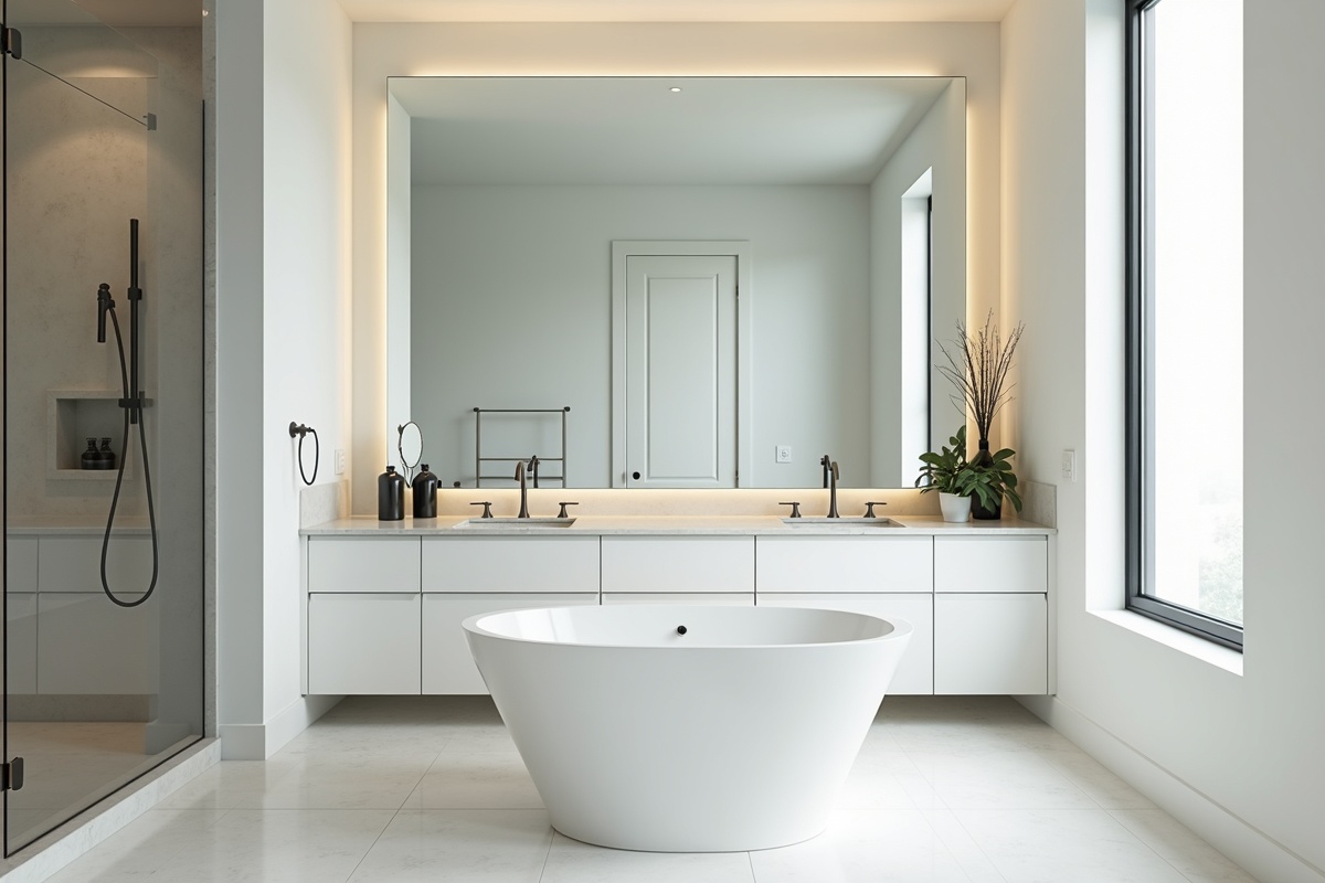 Large format custom frameless mirror installed in a DFW bathroom showing the full-wall impact and precise fitting of a professionally fabricated glass panel