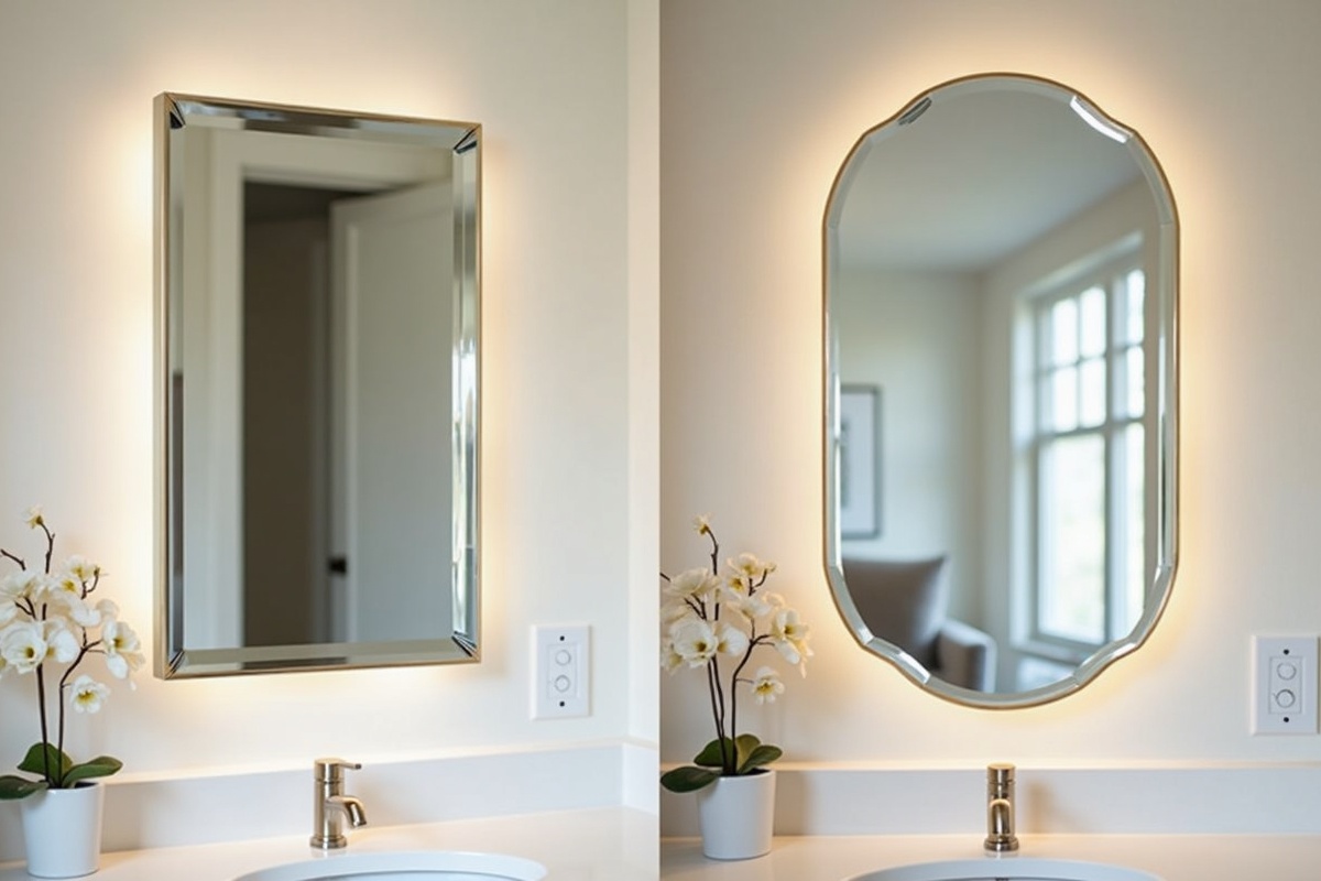Side-by-side comparison of a flat polished edge custom mirror and a beveled edge mirror showing the visual difference in light reflection and style