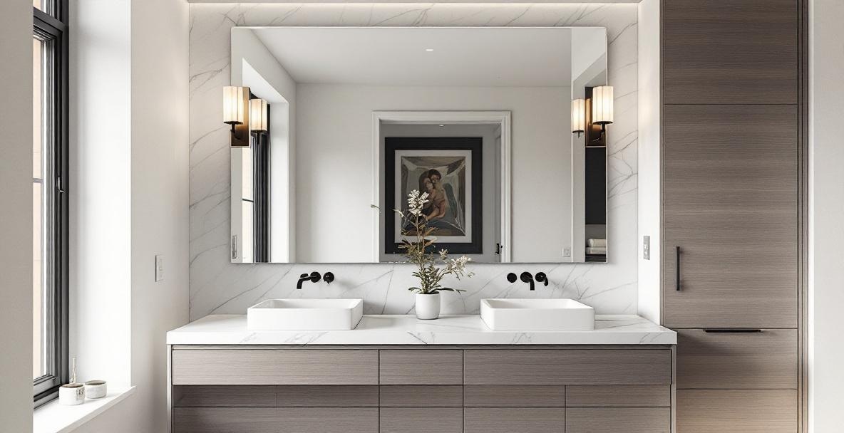 Custom frameless mirror with beveled edges installed above a double vanity showing the professional quality and precise fit of custom-fabricated glass