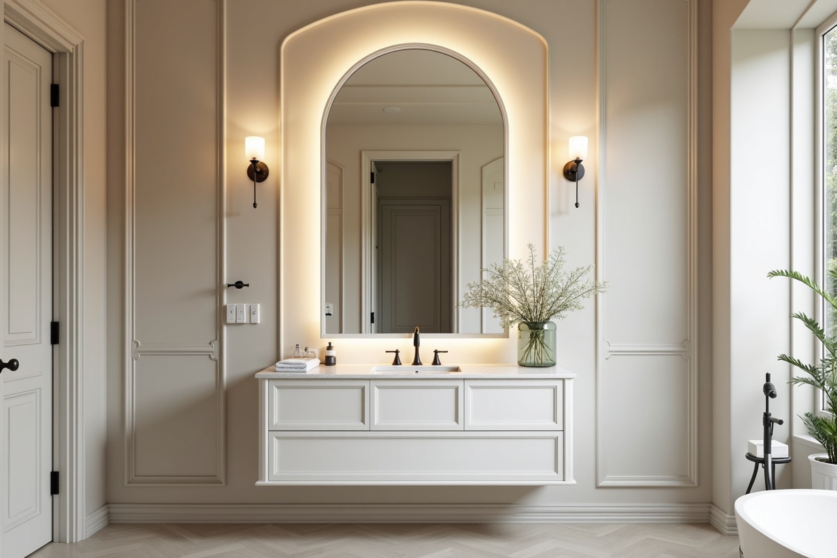 Texas bathroom with elegant arched custom mirror over a floating vanity, showing the soft arched top creating visual height and architectural interest
