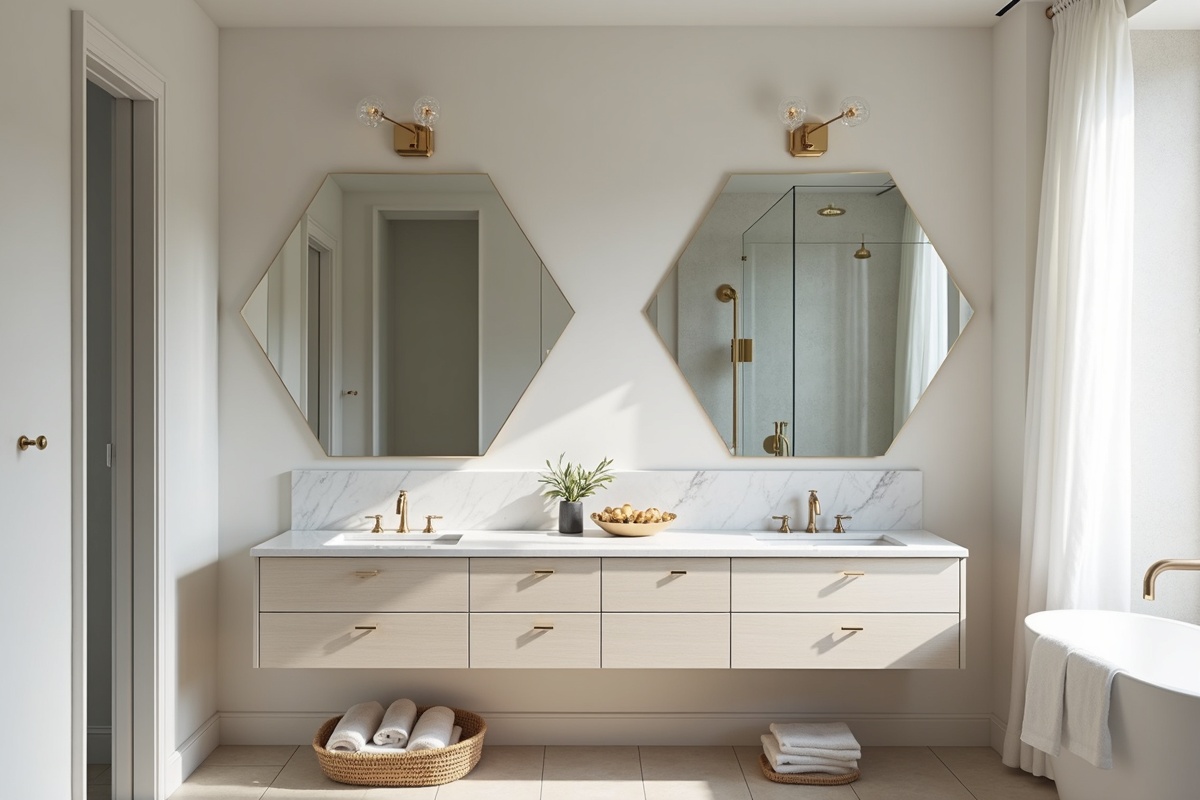 Modern Texas bathroom with a geometric hexagonal custom mirror mounted above a marble vanity, showing the clean precise edges of the cut-to-shape mirror