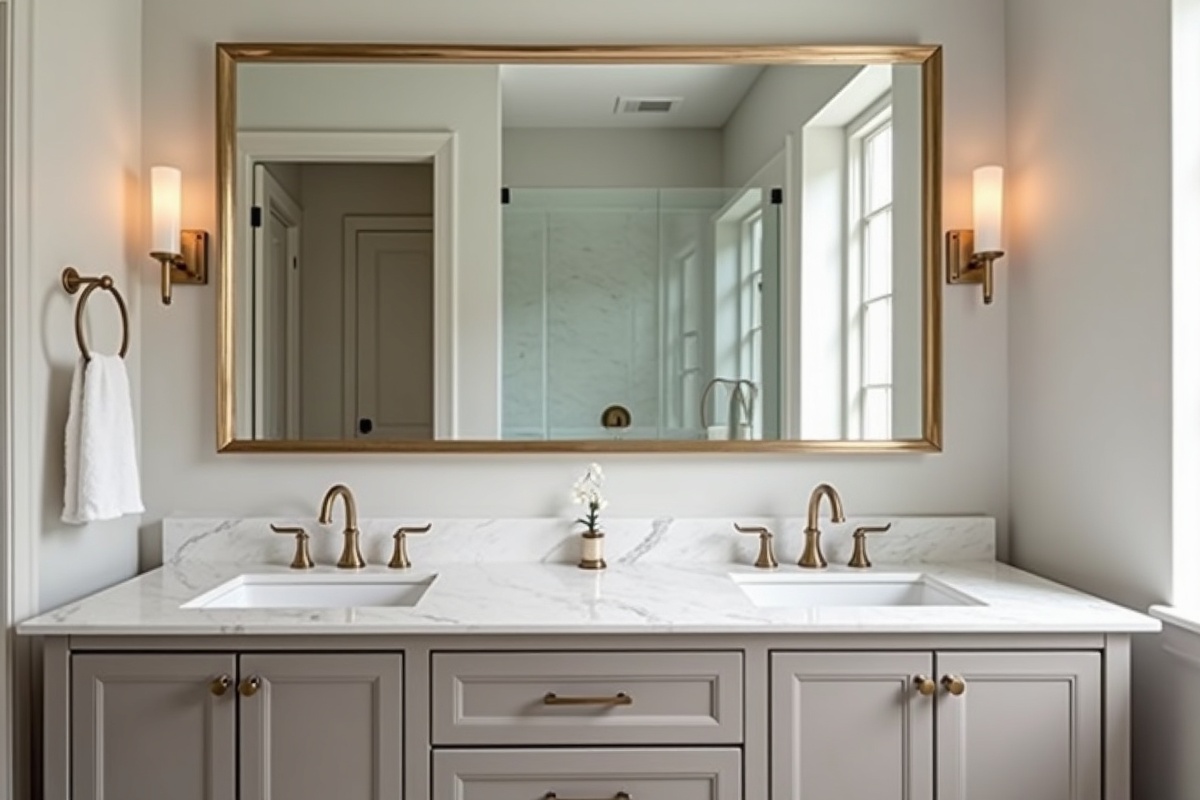 Custom bathroom vanity mirror in Dallas with precise width matching the vanity cabinet and beveled edge detail