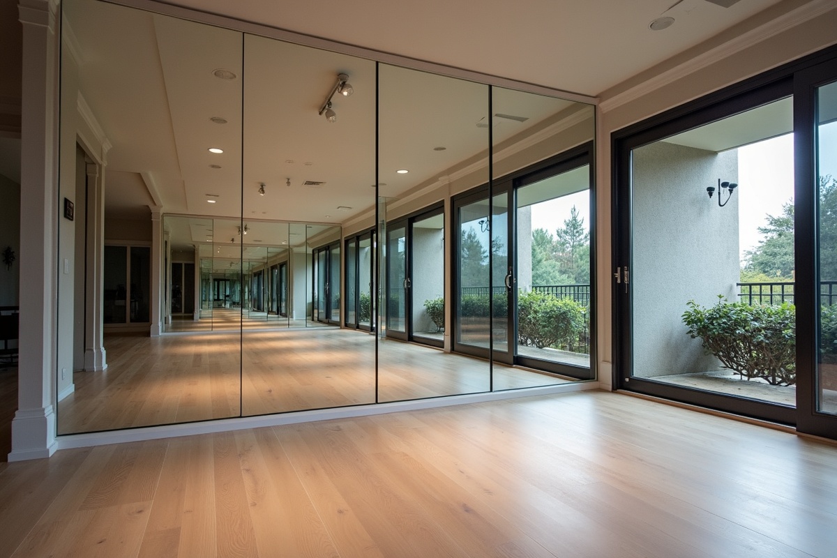 Full-wall custom mirror installation in a Dallas home gym with four panels creating a seamless floor-to-ceiling reflection