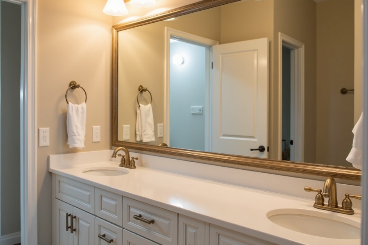 Custom beveled edge vanity mirror installed in a McKinney TX transitional bathroom with warm-toned lighting and coordinated hardware finish