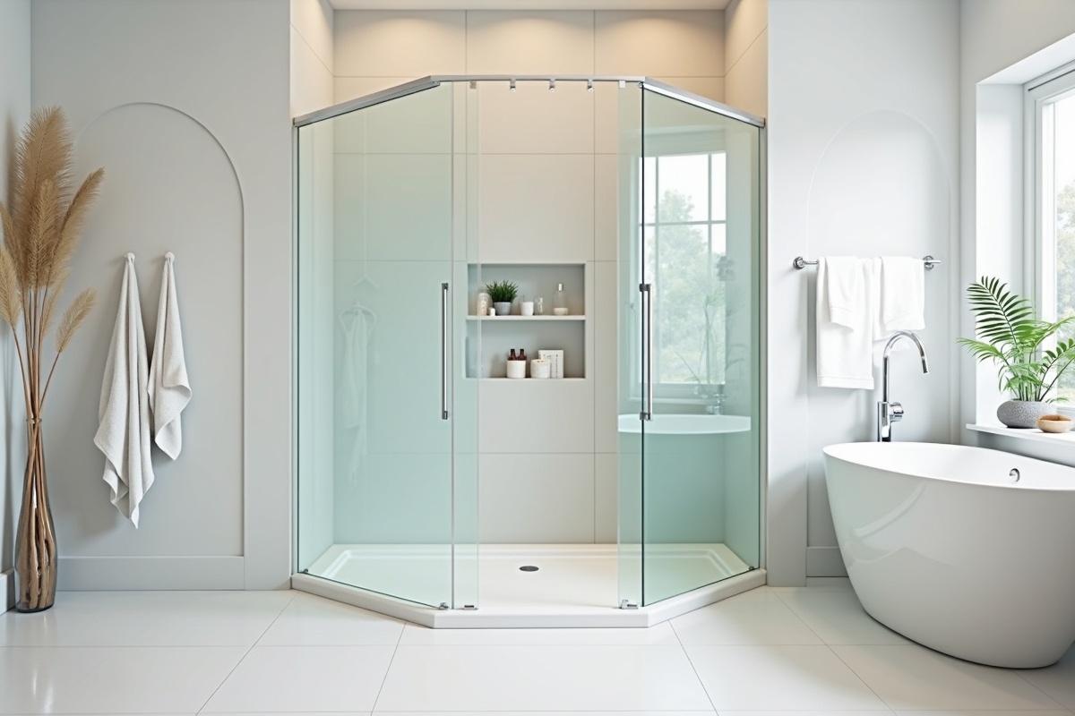 Elegant frameless glass corner shower enclosure with chrome hardware in a remodeled bathroom