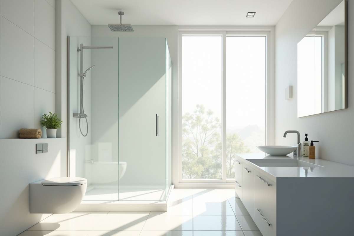 Bright modern bathroom with glass shower enclosure and natural light streaming through a window