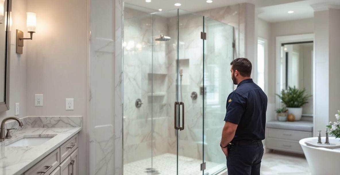 Modern bathroom with a custom glass shower enclosure featuring clean lines and polished hardware