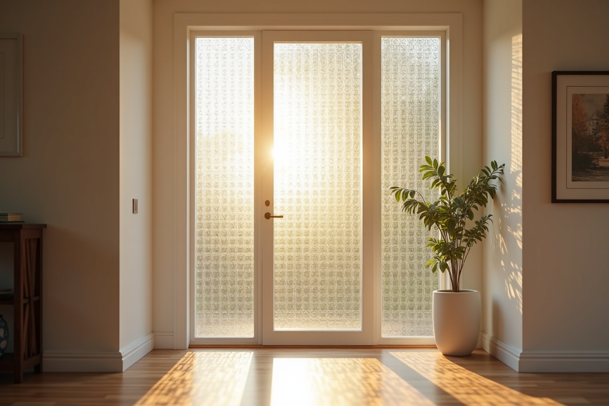 Daylight filtered through a decorative glass window panel in a DFW home showing the softened light and privacy effect of textured residential glass