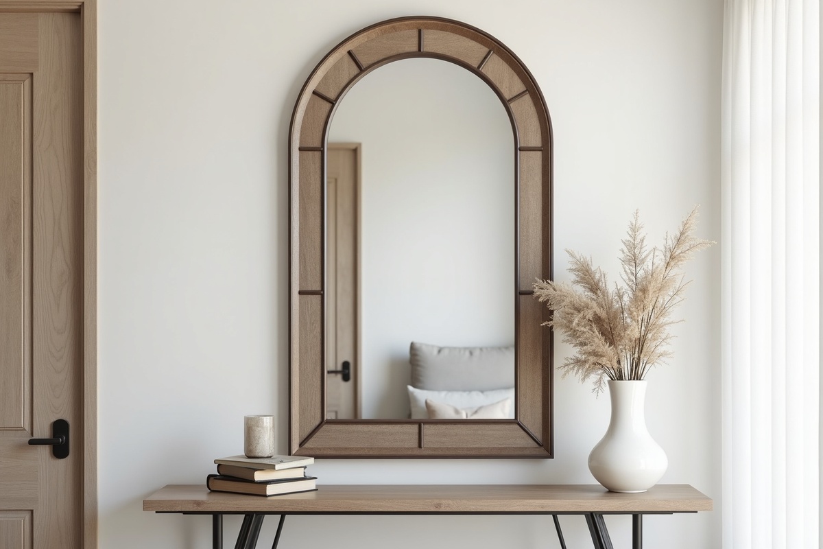 Decorative arch-top mirror with beveled edges installed in a DFW entryway above a console table showing elegant proportioning